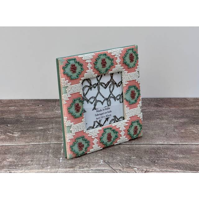 Pink and Green Beaded Photo Frame, 4 x 4