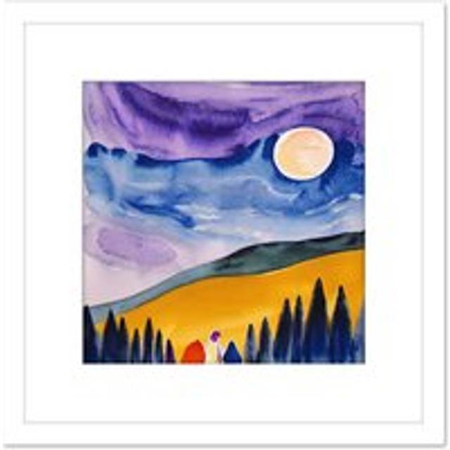 Couple Looking at Full Moon at Countryside Landscape Abstract Illustration Square Wooden Framed Wall Art Print Picture 8X8 Inch - White - One Size