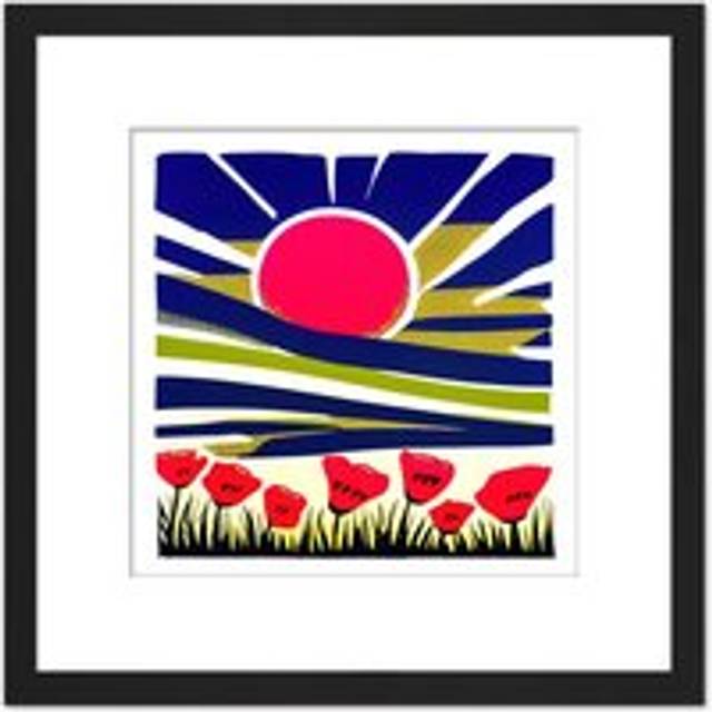 Abstract Sunrise Indigo Blue Sky Over A Field Of Red Poppy Flowers Painting Square Wooden Framed Wall Art Print Picture 8X8 Inch - Black - One Size