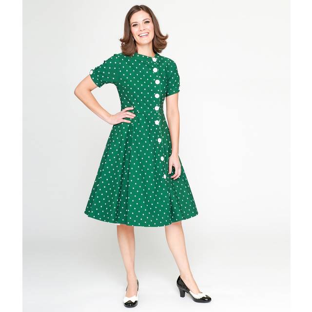 Unique Vintage 1950S Green & White Pin Dot Contrast Button Swing Dress - XSmall/2