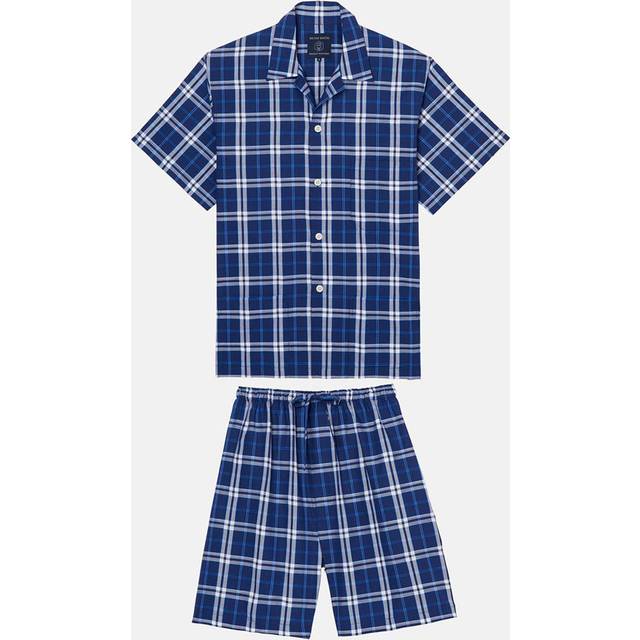 "Chester Blue on Blue" Check Crisp Cotton Short Pyjama Set - Dark Blue - M