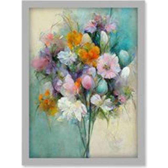 Watercolour Pink Orange And Teal Spring Flower Bouquet Illustration Artwork Framed Wall Art Print A4 - Grey - One Size