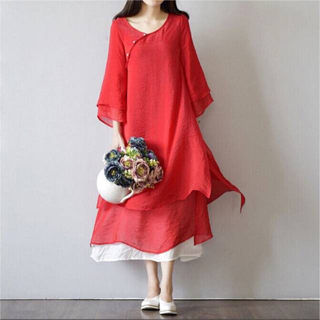 (12, red) Mori Girl Silk Cotton Plate Button Dress
