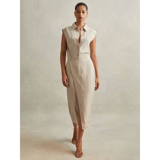 Reiss Womens Neutral Yasmin Wrap-skirt Slim-fit Linen-blend Midi Dress 8 - NEUTRAL