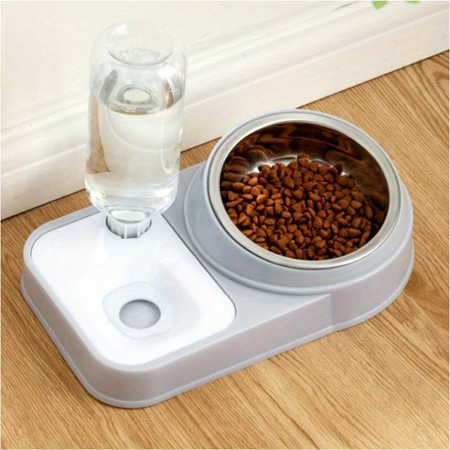 (Stainless Steel Model (light Gray) Neck Guard Double Bowl) 1pc Cat Food & Water Dispenser, 2 In 1 Automatic Cat Water Feeder