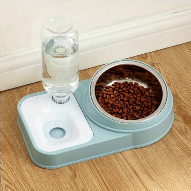 (Stainless Steel Model (light Green) Neck Guard Double Bowl) 1pc Cat Food & Water Dispenser, 2 In 1 Automatic Cat Water Feeder