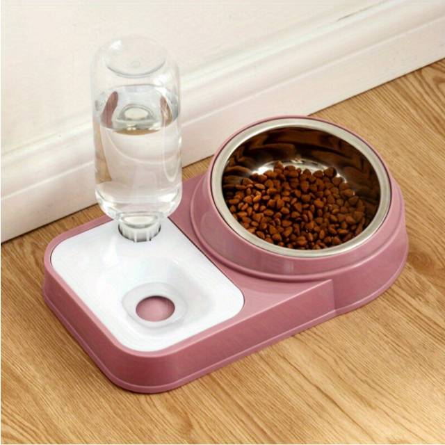 (Stainless Steel (pink) Neck Guard Double Bowl) 1pc Cat Food & Water Dispenser, 2 In 1 Automatic Cat Water Feeder