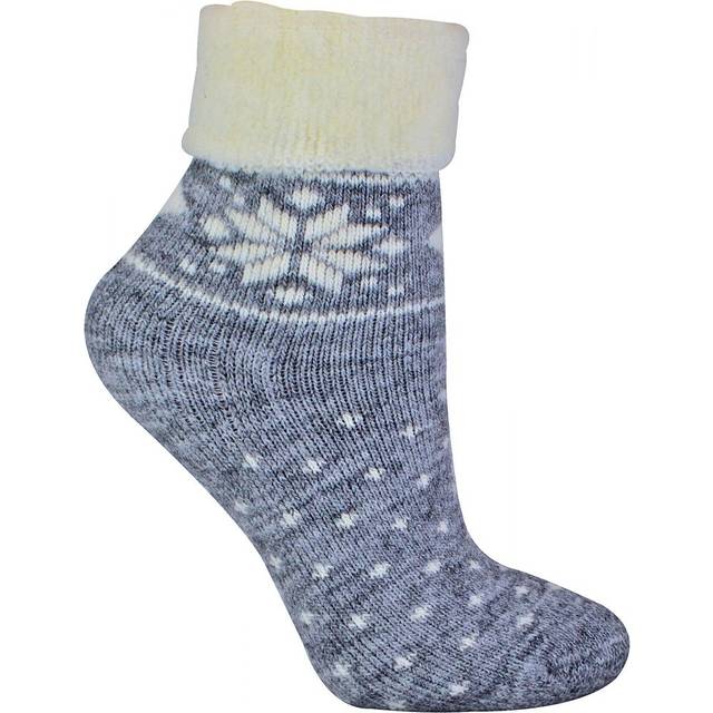 (4-8 UK, Grey) Ladies Wool Bed Socks with Fairisle Design | Lounge Socks for Winter