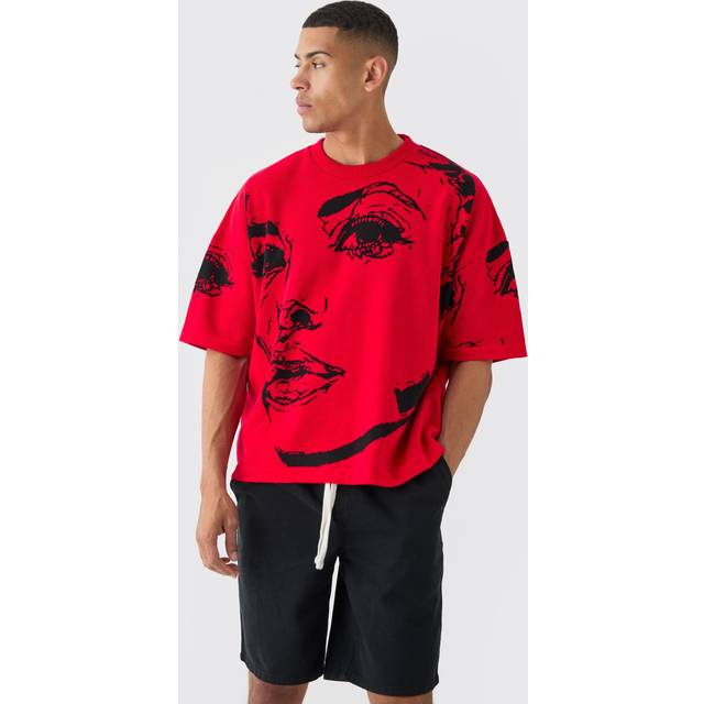 Oversized Line Drawing Knitted T-shirt - Red - S