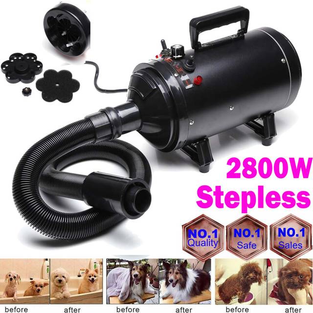 2800W Stepless Speed Dog Cat Pet Grooming Hair Dryer Hairdryer Powerful Blaster Blower Black with 3 Different Nozzle