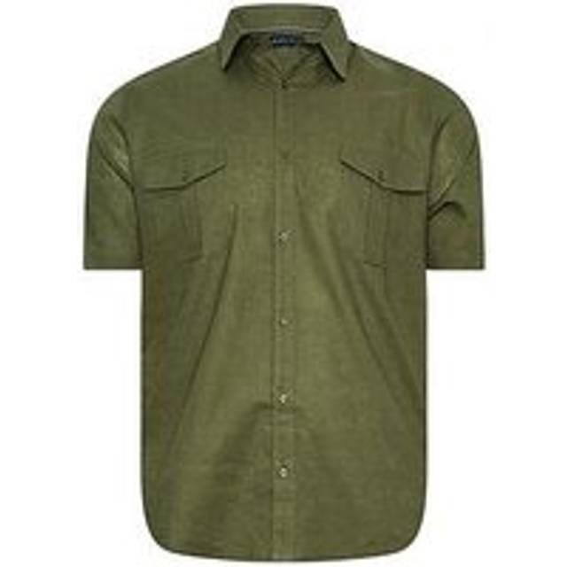 Size L Mens Badrhino Big & Tall Khaki Green Linen Short Sleeve Military Shirt Big & Tall