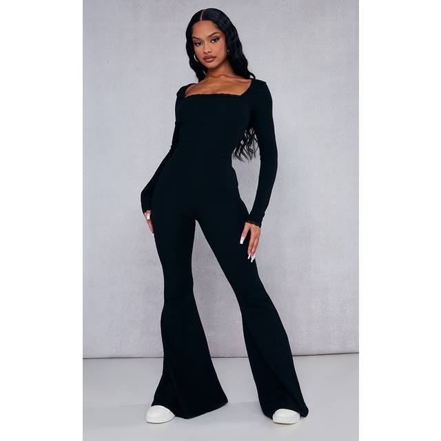 Black Ribbed Lace Trim Long Sleeve Flared Leg Jumpsuit, Black - 4