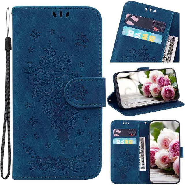(Blue) Case for Samsung Galaxy Xcover7 5g Kickstand Flip Pu Leather Cover Emboss Rose Flowers Card Slots Wallet Case