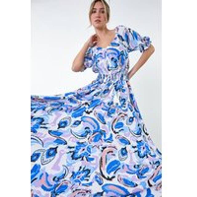 Dusk Womens Shirred Waist Abstract Print Maxi Dress - Blue - Size 10 UK