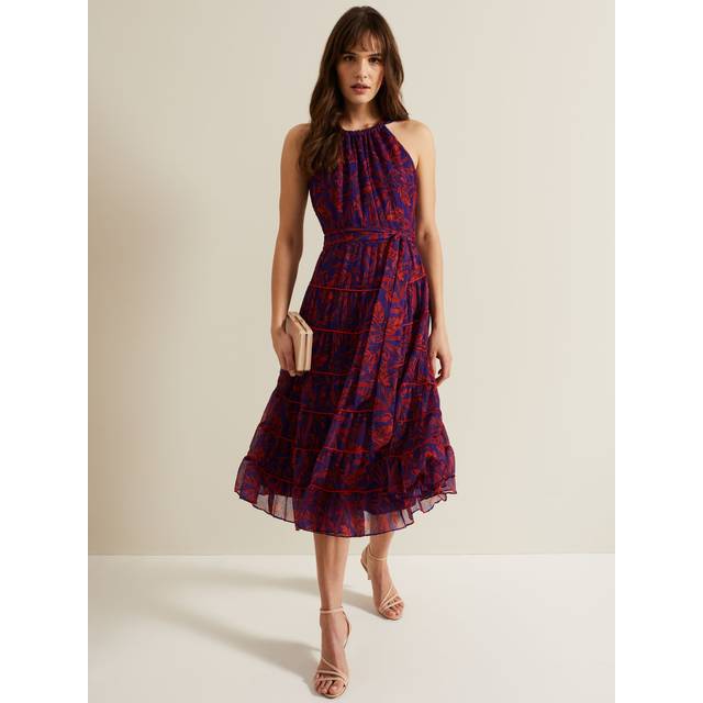 Phase Eight Gillian Halterneck Midi Dress, Violet/Multi