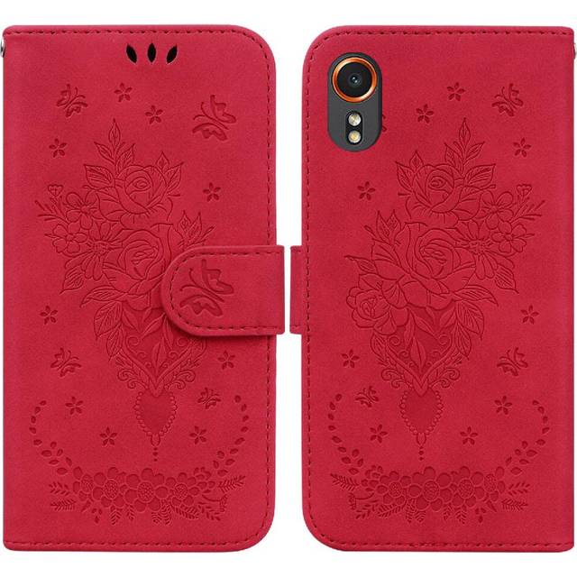 (Red) Case for Samsung Galaxy Xcover7 5g Kickstand Flip Pu Leather Cover Emboss Rose Flowers Card Slots Wallet Case