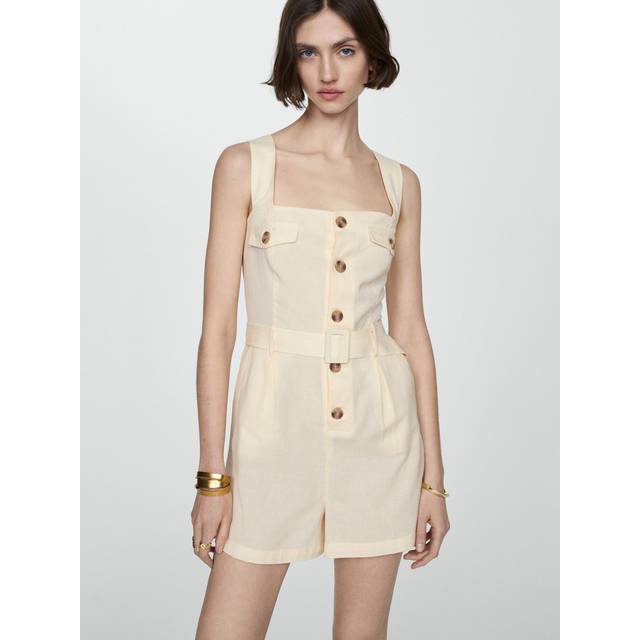 Mango - Beige playsuit i linne med knappar framtill-Naturlig