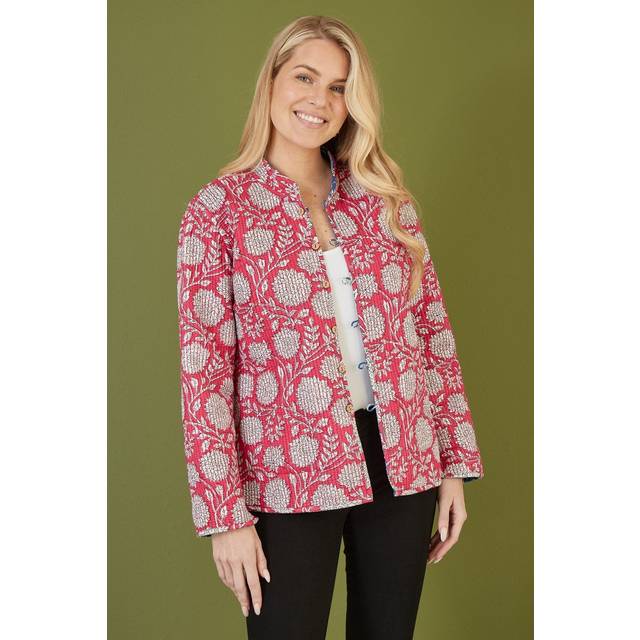 Yumi Womens Blue Floral Print Reversible Cotton Quilted Jacket - Size 10 UK