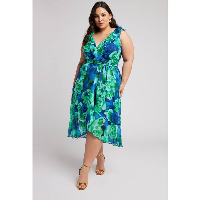 Yours London Curve Green Floral Print Ruffle Wrap Dress, Women's Curve & Plus Size, Yours London - 30-32