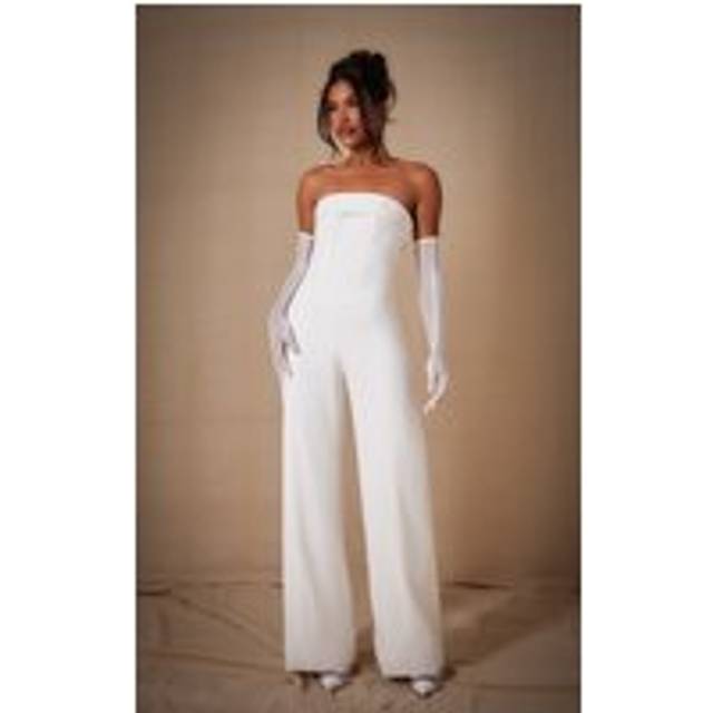 Premium White Woven Bandeau Wide Leg Jumpsuit, White - 16