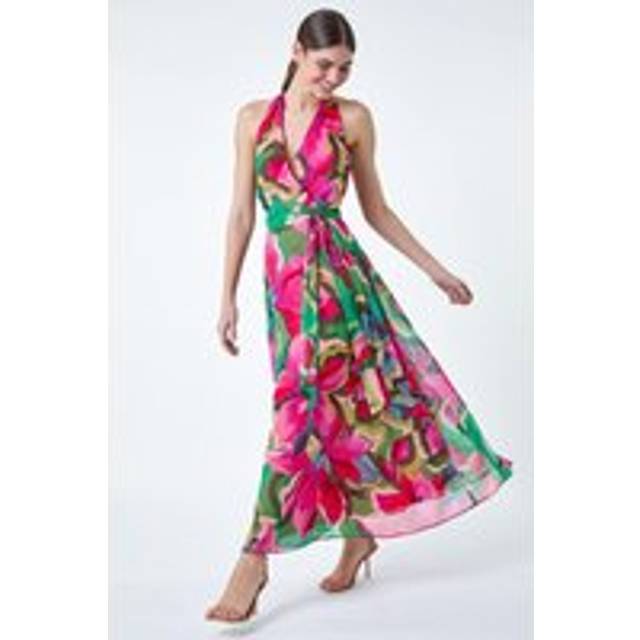 Roman Floral Print Halterneck Maxi Dress, Pink, Size 12, Women