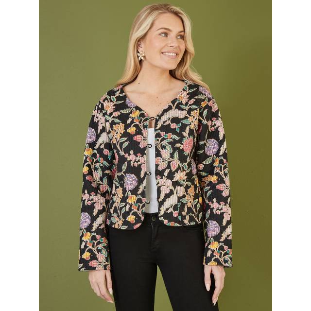 Yumi Womens Black Floral Print Reversible Cotton Cropped Quilted Jacket - Size 12 UK