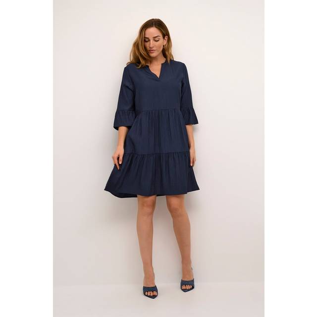 Cream Lori Three-Quarter Sleeve Notch Neck Short Dress - Navy Blazer