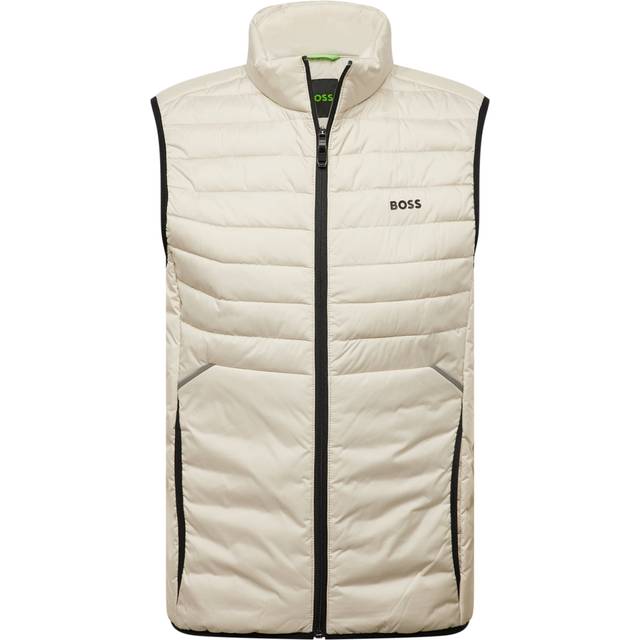 (L, Light Beige) Hugo Boss Mens Thor Water Repellent Regular Fit Rubber Logo Gilet