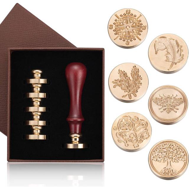 Wax Seal Stamp Set,6pc Sealing Wax Stamps Copper Seals 1 Wooden Handle