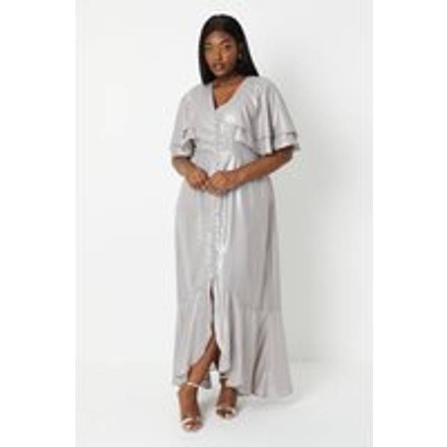 Plus Midaxi Metallic Dress With Frill Sleeves - Silver - 26