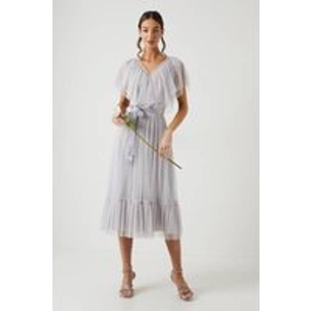 V Neck Frill And Ribbon Detail Tiered Bridesmaid Midi Dress - Grey Mist - 12