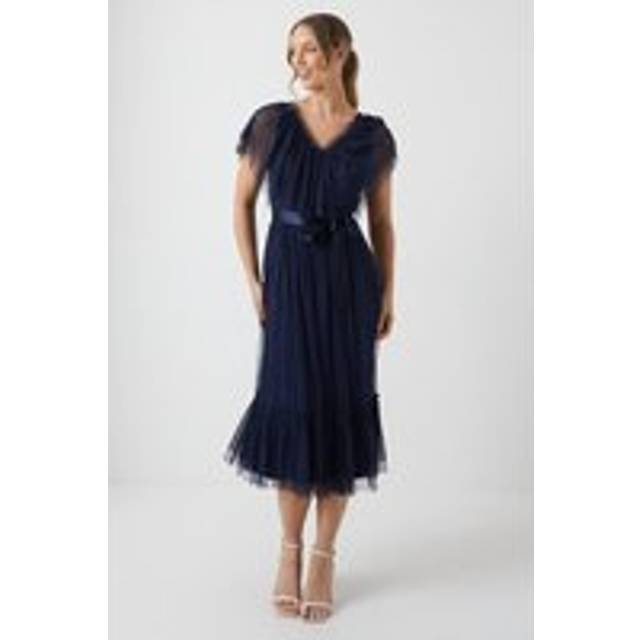 V Neck Frill And Ribbon Detail Tiered Bridesmaid Midi Dress - Navy - 12