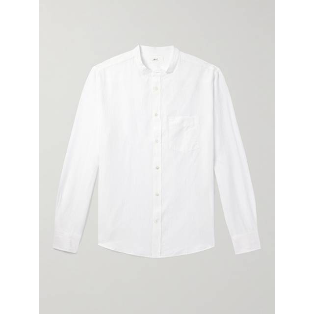 Mr P. - Grandad-Collar Organic Cotton and Linen-Blend Seersucker Shirt - Men - White - L