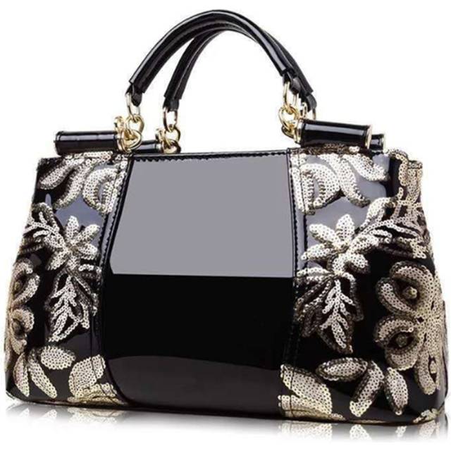 B08 Black Shiny Fashionable Shoulder Handbag for Going Out Casual Large-capacity PU Leather Bag for Ladies Shopping
