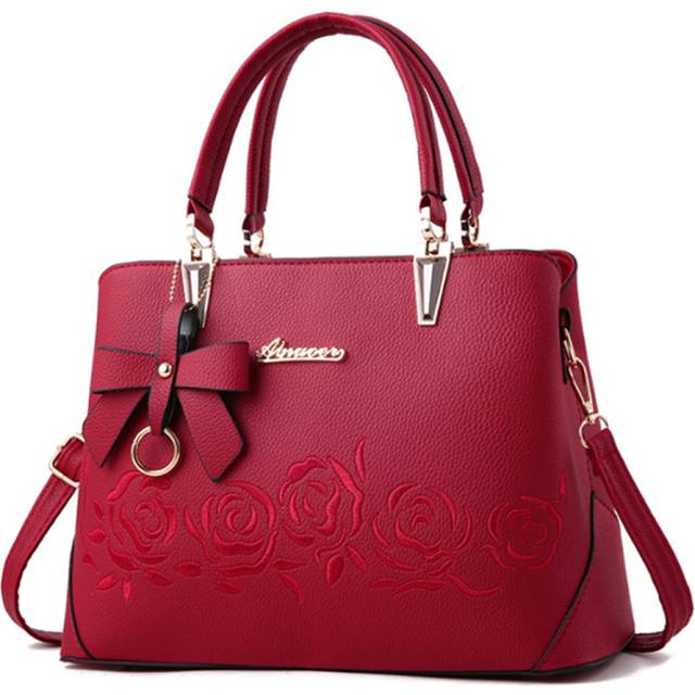 B07 Wine Red Rose Pattern Fashion Single Shoulder Handbag for Going Out Casual Large Capacity PU Leather Bag for Ladies Shopping