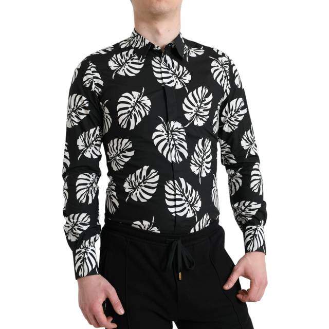 Dolce & Gabbana Black Leaf Cotton Men Formal GOLD Dress Shirt - IT39 | S
