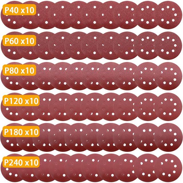 Maveek 60 Pieces 8-Holes Discs Pads 5 Inch/ 125 mm Hook and Loop 40/ 60/ 80/ 120/ 180/ 240 Assorted Grits 6 Models, Each Model 10 Pieces Sandpaper...