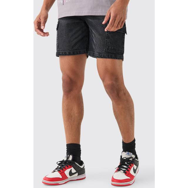 Slim Rigid Cargo Denim Shorts In Black - 30