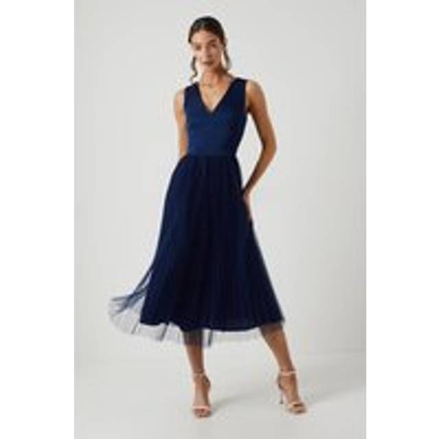 Satin Bodice Tulle Skirt Midi Bridesmaid Dress - Navy - 14