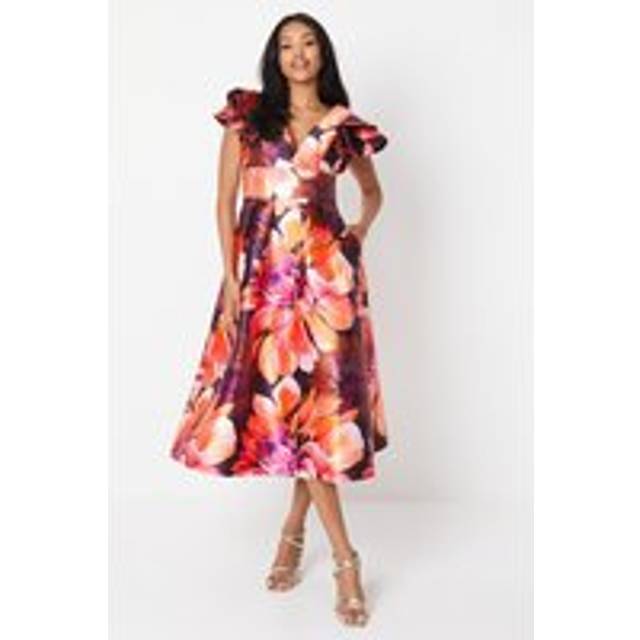 Frill Shoulder Plunge Twill Midi Wedding Guest Dress - Multi - 10