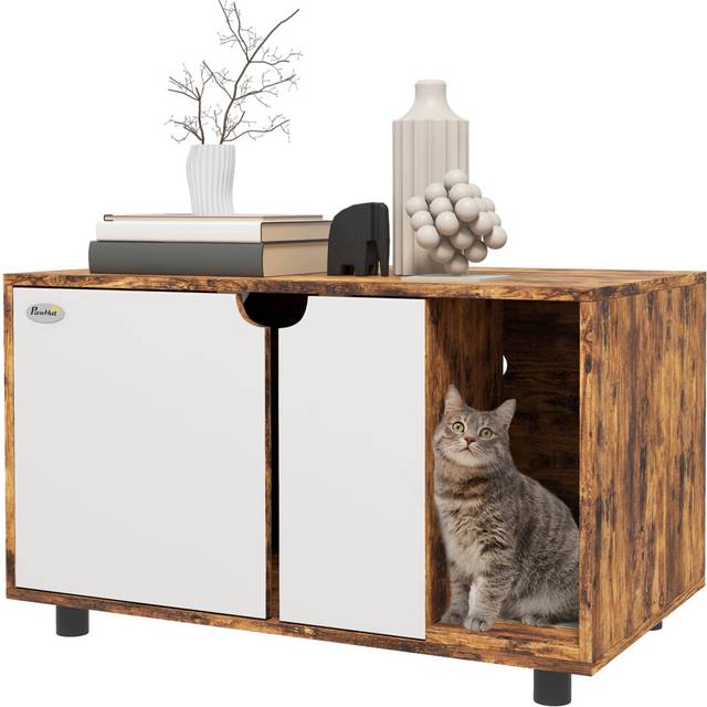 PawHut Hidden Cat Litter Box Furniture w/ Sand Drain Pad - Rustic Brown