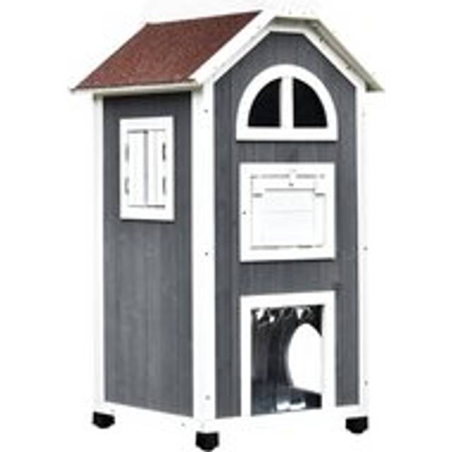 Pawhut Wooden Cat House, Weatherproof Pet Shelter, Outdoor Cat Condos Cave, 2 Floor Furniture, Grey And White