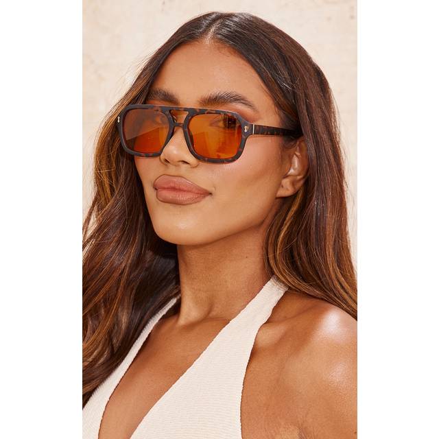Brown Tort Frame Orange Smoke Lens Aviator Sunglasses, Brown - One Size