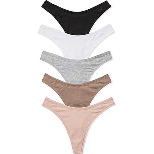 Victorias Secret PINK Black/Grey/White/Brown/Pink Thong Cotton 5 Pack Knickers - black/grey/white/brown/pink - LARGE