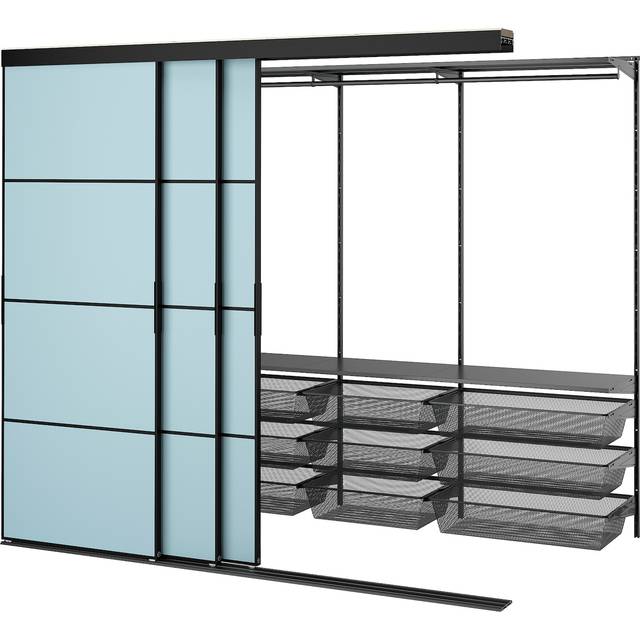SKYTTA / BOAXEL walk-in garderob med skjutdörrar, svart metall/Mehamn ljusblå, 251x115x205 cm