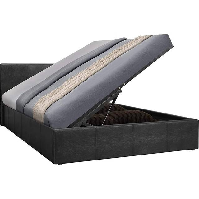 Ottoman Storage Bed Black Leather Side Lift - Black / Double