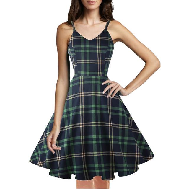 GOOBGS Women's 1950s Retro Vintage Spaghetti Strap Cocktail Swing Dresses with Pockets Green Plaid L