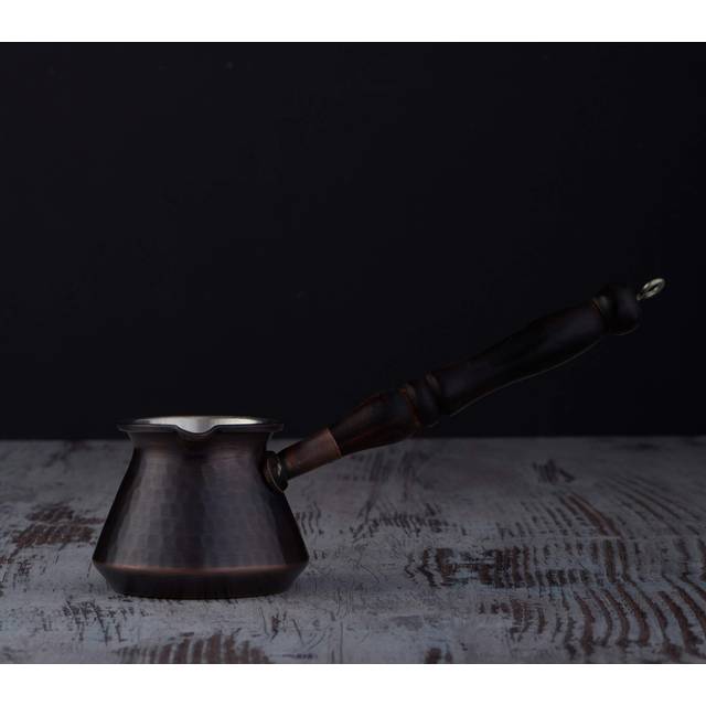 DEMMEX Thickest Turkish Greek Arabic Hammered Copper Coffee Pot Stovetop Coffee Maker Cezve Ibrik Briki with Wooden Handle & Wooden Pot Spoon  for 3 P