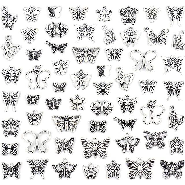 JIALEEY Butterfly Charms Beads Necklace Pendants DIY for Jewelry Making and Crafting  60 PCS Tibetan Silver Plated Butterfly Charm