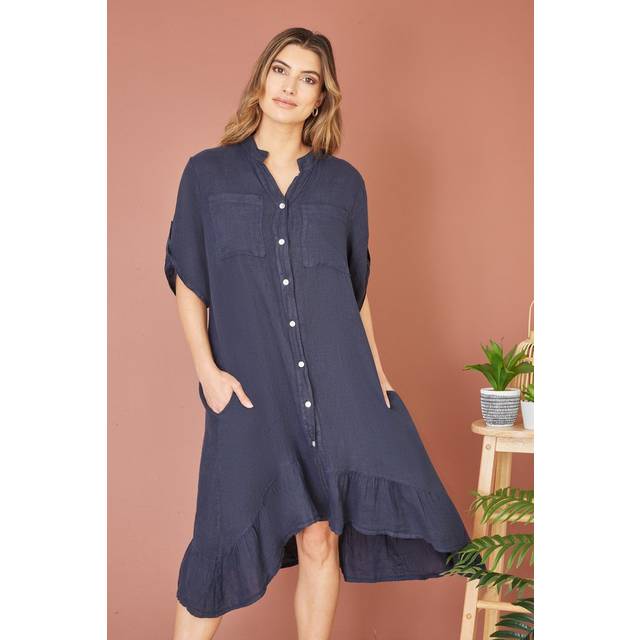 Yumi Womens Khaki Italian Linen Shirt Dress With Frill Hem - Navy - Size Small